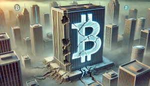 A large cryptocurrency exchange building with cracks forming in its foundation, as smaller competitor buildings rise up around it