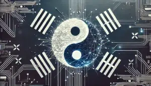 A sleek, minimalist composition of the South Korean flag morphing into a digital cryptocurrency network, with white and blue binary code flowing through the yin-yang symbol, against a deep navy background