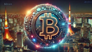 Abstract digital artwork of a planet-like sphere with Bitcoin logo texture, floating in space against a backdrop of Tokyo skyline