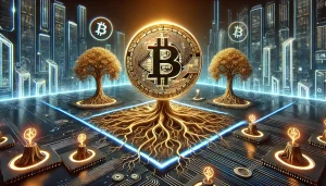 A futuristic digital landscape with Bitcoin symbols and stylized tree roots intertwining, representing the Taproot upgrade