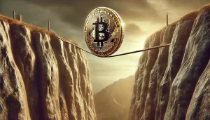 Bitcoin coin balancing precariously on a tightrope stretched between two cliff edges representing geopolitical tensions