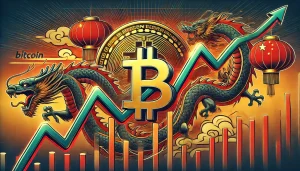 A rollercoaster-like graph showing sharp ups and downs, with Chinese and Bitcoin symbols intertwined in the background