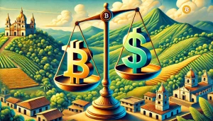 Abstract infographic showing Bitcoin and dollar symbols balanced on a scale, set against El Salvador's mountainous landscape