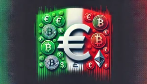 A stylized Italian flag with euro symbols and cryptocurrency icons fading away towards the edges