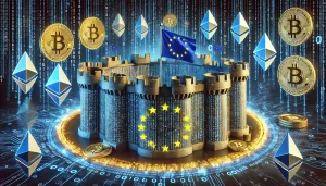 A digital fortress with EU flag motifs, surrounded by binary code and cryptocurrency symbols