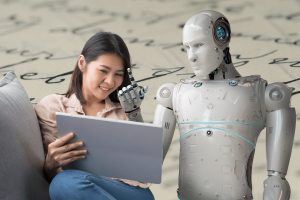 AI detectors are mislabeling students' work, leading to false accusations. A young woman sits comfortably on a couch, smiling as she interacts with a digital tablet. Beside her is a humanoid robot, appearing engaged as it points to the screen. The background shows faint handwritten text, symbolizing the concept of writing or assignments. This scene represents the interaction between humans and AI, suggesting collaboration or potential misunderstandings in AI-related fields like education.