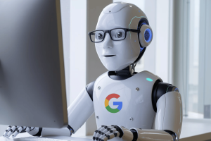 AI generates over 25% of Google’s code, fueling revenue growth. Robot with Google logo coding on a computer