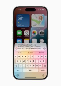 iPhone close up with Siri and ChatGPT up on the screen, user is asking it for help with planning a five-course meal.