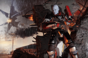 Author sues Bungie claiming Destiny 2's story copied his original work. Character in futuristic armor crouches with a rifle, set against a war-torn backdrop under heavy rain, with aircraft visible in the distance.