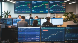 A photo of a crypto exchange trading floor. There are multiple monitors displaying various cryptocurrencies' prices and graphs. In the background, there are people working diligently. The room has a modern aesthetic with a few plants.