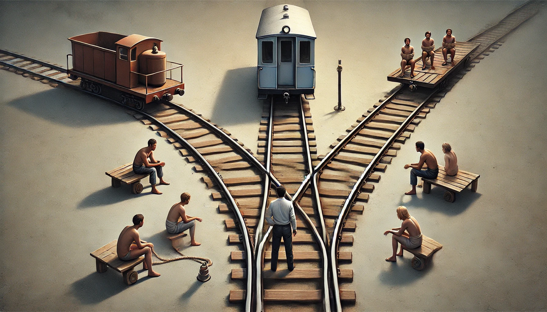 Image depicting the trolley dilemma with man standing in the middle of railway tracks and trains approaching him