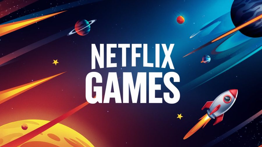 A dynamic background with a space theme. There are shooting stars, planets, and a rocket ship. The text "Netflix Games" is displayed in bold, white letters.