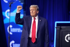 Former President of the United States Donald Trump speaking with attendees at The People's Convention at Huntington Place in Detroit, Michigan.