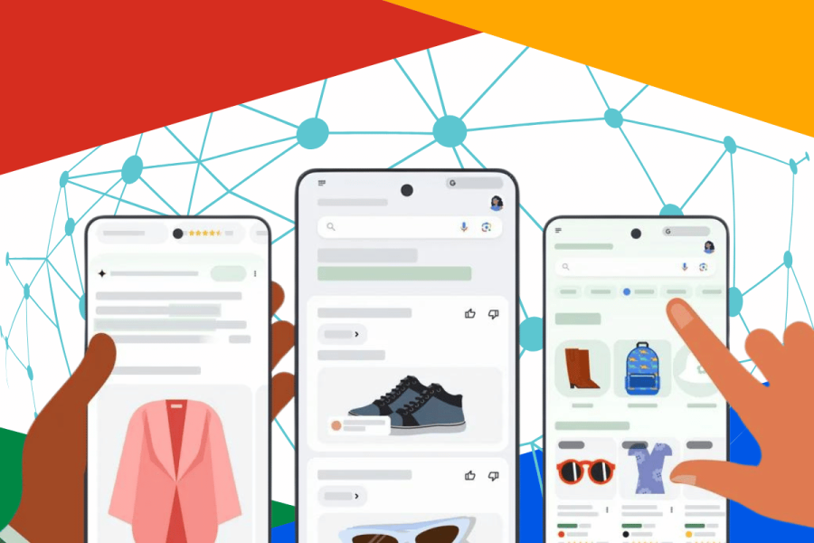 Google overhauls its online shopping experience with new AI features. Three phone illustrations show screens representing the new Google Shopping experience, including results for a jacket, shoes, sunglasses and backpacks