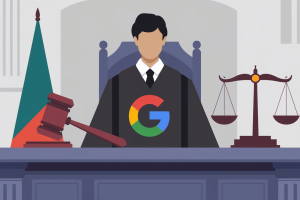 Google warns DoJ's 'radical' antitrust lawsuit could harm consumers and stifle innovation. Google logo in front of judge in court