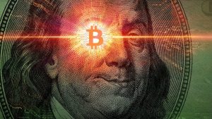 HBO film claims Peter Todd may be Bitcoin creator Satoshi, developer denies it. A digital artwork featuring a close-up of Benjamin Franklin's face from a U.S. dollar bill, with a glowing Bitcoin symbol over his left eye. The Bitcoin symbol is connected to a circuit board pattern, emitting a bright orange light, symbolizing the intersection of traditional finance and cryptocurrency.