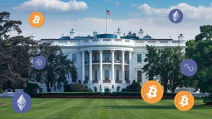 A digital art style image of the White House with various crypto icons scattered around it. The White House has a blue roof and is surrounded by a lush green lawn. There are crypto icons like Ethereum, Bitcoin, and Dogecoin around the White House. The background is a clear sky with a few clouds.