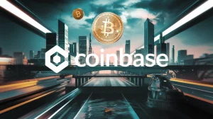 A cinematic shot of a cryptocurrency exchange platform, Coinbase. The logo is displayed prominently in the center of the screen. The background is a dynamic, animated scene of a city with skyscrapers, a bridge, and a ferry. There's a cryptocurrency symbol floating in the air above the city. The overall ambiance is futuristic and techy.