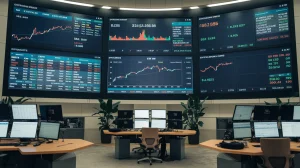 A cinematic shot of a trading room with multiple large screens displaying cryptocurrency market data. The screens show various cryptocurrencies like Bitcoin, Ethereum, and others. There are multiple desks with computer monitors and a few chairs. The room has a modern design with a few potted plants.