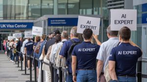 A photo of the UK visa process with a long line of people. In the line, there are several AI experts wearing t-shirts with the text 