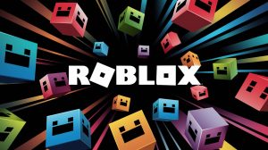 A Roblox logo on a dynamic background. The background contains floating cubes with the Roblox logo. The cubes are of various sizes and are scattered throughout the background. The overall image has a bright, colorful feel.