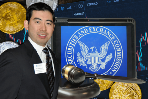 SEC Commissioner Uyeda calls agency’s crypto regulation approach a 'disaster.' Mark Uyeda in a black suit and tie in front of US SEC sign and judge's gavel, with a cryptocurrency background