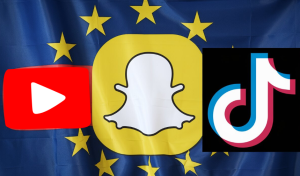 EU Questions YouTube, Snapchat, TikTok on Recommender Systems Under Digital Services Act. European Union flag behind YouTube, TikTok and Snapchat logos