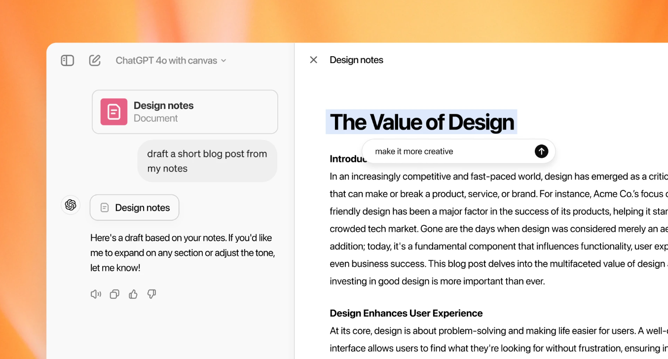 Image of the new Canvas interface for ChatGPT / OpenAI introduces new Canvas interface for ChatGPT.