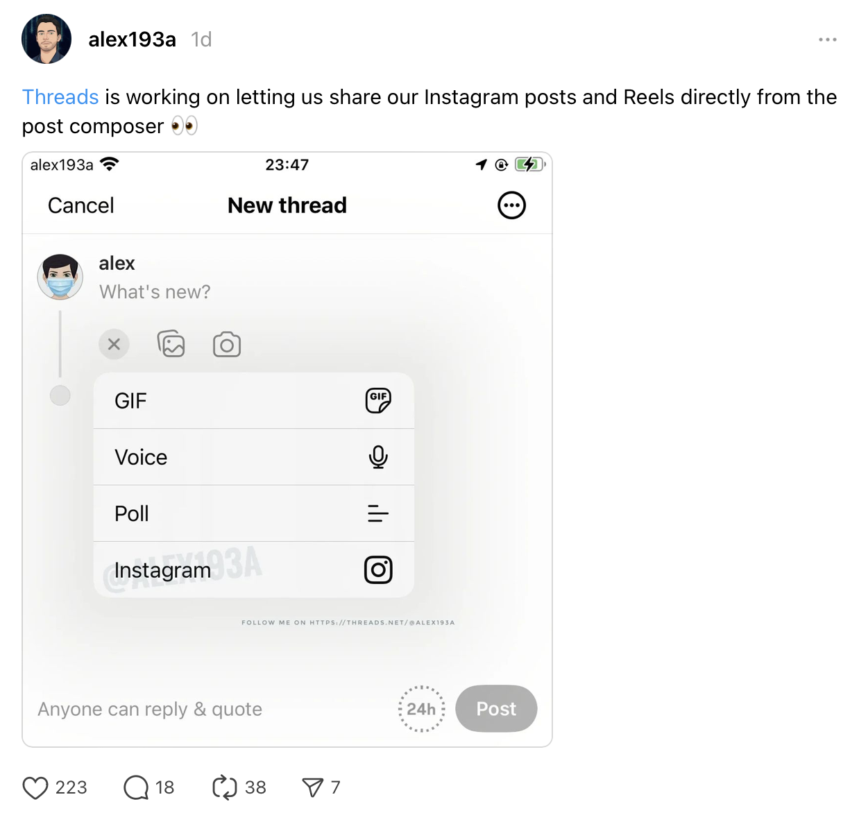 Captura de pantalla que comparte la función Meta filtrada de Threads e Instagram