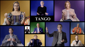 Screenshot of TANGO AI Project by researchers/ Shows the words 'TANGO' in the middle top, with images of 10 different people surrounding it.
