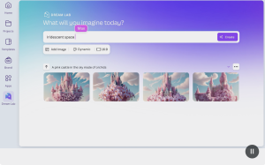 Screenshot of Canva video showing its text-to-image generator Dream Lab. Can see words being added as a prompt.