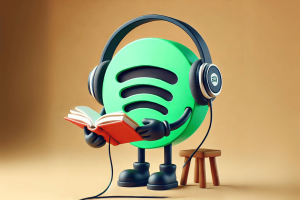 Spotify logo reading a book with headphones on. Spotify expands Audiobooks to Europe, investing millions in publisher growth