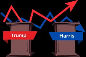 Two podiums with graph lines behind them. The podiums have 