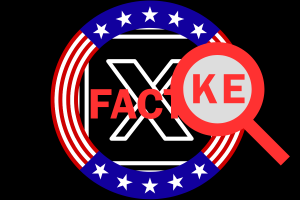 X users 'paid thousands' to spread election misinformation - report. Graphic representing the spread of misinformation on social media platform X. The design includes a magnifying glass labeled 'FAKE' over the X logo, with red, white, and blue colors and stars resembling the American flag, highlighting the context of election-related misinformation.