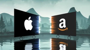 Image of Apple and Amazon logos being drawn toward each other / Apple TV+ will arrive on Amazon Prime Video, as a subscription add-on by the end of October.