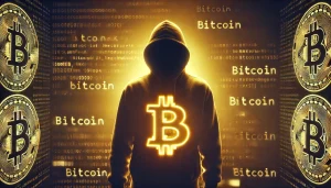 A mysterious shadowy figure behind a glowing Bitcoin logo, with lines of code in the background