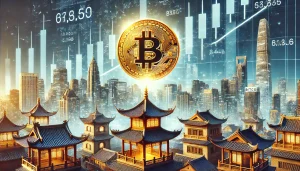 Golden Bitcoin coin soaring above a cityscape with Asian-inspired architecture, against a backdrop of stock market charts and graphs