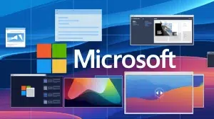 A video of the Microsoft logo on a dynamic background. The background is a virtual desktop with multiple open windows. The windows contain text documents, images, and a presentation. There are also icons on the taskbar and a virtual desktop button. The animation shows the user switching between different virtual desktops.