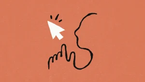 Orange background. Black outline of a person side-on. A mouse cursor is just above and in front of their face.