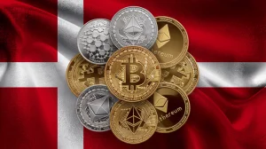 AI image of a Denmark flag with crypto coins overlaid / Denmark is considering a proposal to tax unrealized crypto gains.