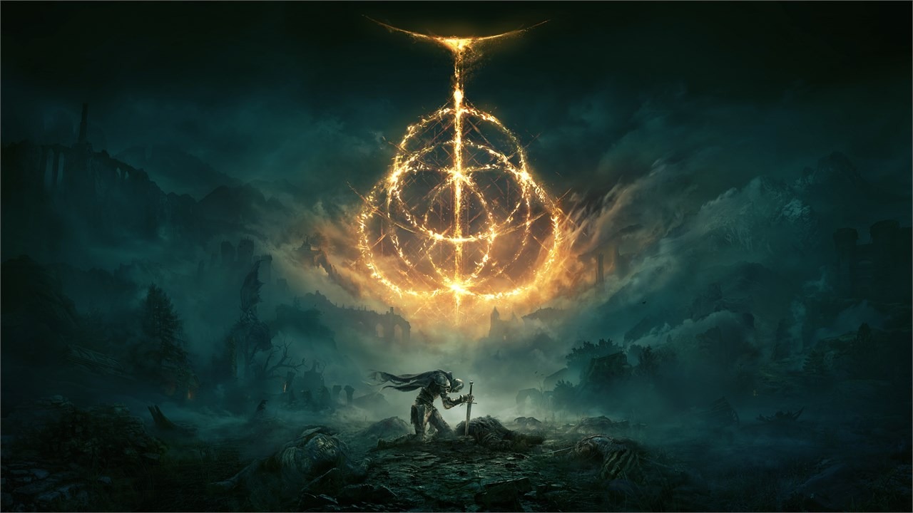 key art from elden ring shows the elden ring floating in a dark sky above a single man kneeling with a sword