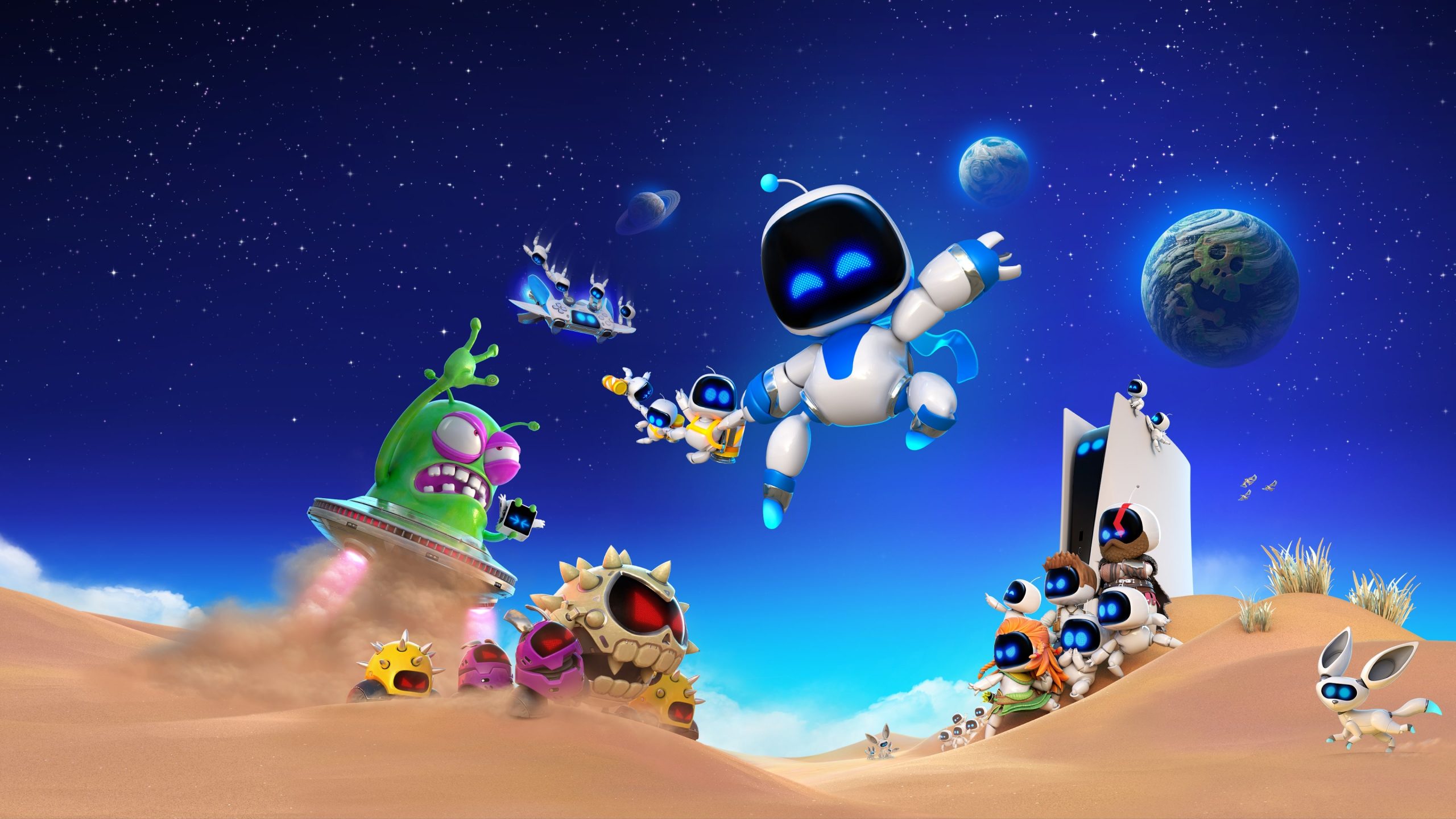 astro bot cercado por outros personagens