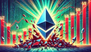 A stylized Ethereum logo breaking through a ceiling of descending price charts, symbolizing a bullish breakout.