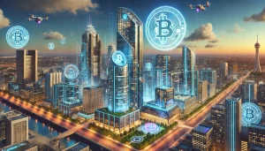 A futuristic cityscape of Columbus, Ohio with holographic Bitcoin symbols floating above buildings