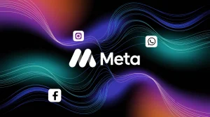 An illustration of the Meta logo with the Facebook, Instagram, and WhatsApp icons. The background is a dynamic, abstract design with a gradient of purple, blue, and green. The Meta logo and icons are white.