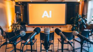 A photo of several microphones arranged in a semi-circle in front of a large screen displaying the text "AI". The room has a few chairs and a plant. The lighting is warm.