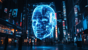 A large holographic head in a futuristic city