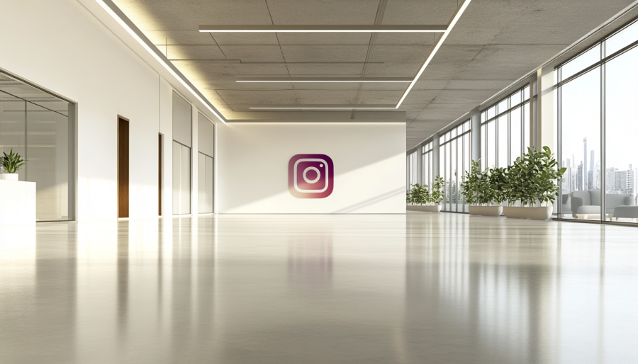 A large empty office with the Instagram logo on the wall