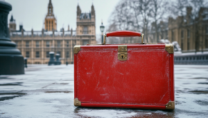 AI image of a red briefcase representing the British Treasury with Westminster in the background / Entain boss warns the UK government that a 