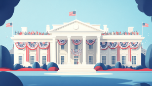 AI image of the White House festooned with decorations / New poll indicates Donald Trump leads Kamala Harris by 2%.